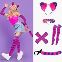 5pcs Cat, Wolf, Fox Tail Headband, Elastic Striped Gloves, Striped Thigh High Socks, Contrast Color Collar, Costume Set Suitable For Party Cosplay - Pink Purple Stripes - View 2