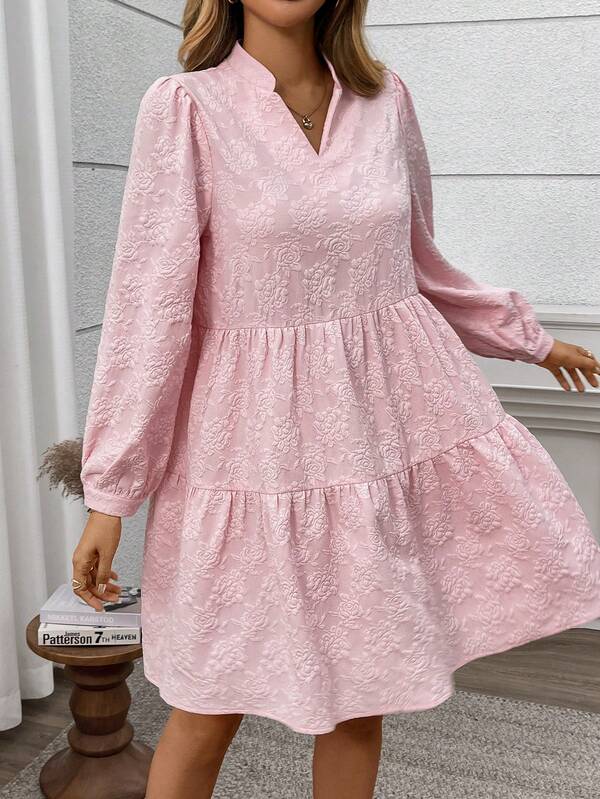 Women's Elegant And Cute Textured Floral Ruffle Pink Dress, Casual Loose Ruffle Hem Red Dress,Autumn Fall Cloth For Women,Fall Dresses For Women