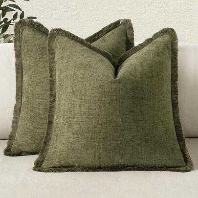 1pc Olive Green Chenille Tassel Decorative Throw Pillow Cover (Pillow Insert Not Included), Soft & Comfortable Bohemian Farmhouse Sofa Cushion Cover With Tassels, Home Decor For Sofa, Bed, Living Room, All Season