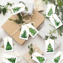 30/60 Christmas Watercolor Pine Tree Gift Labels With Golden Stars - Holiday Hang Tags, Used For Packaging And Box Decoration, Rustic Gift Packaging | Artistic Gift Labels | Natural Hemp Rope Labels, Home Decoration, Gift Packaging, Christmas Christmas Decorations Room Decor Winter - Multicolor - View 1