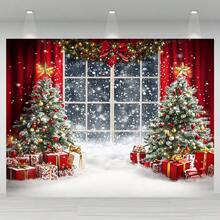 1pc Holiday Christmas Window Scene Background, Polyester Holiday Wall Decoration, Christmas Party Background, Portrait Photography Props For Christmas Celebration Activities
