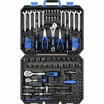 46pcs Tool Kit, Ratchet Wrench, Metric Socket Screwdriver Bits, Suitable For Car, Motorcycle, Bicycle And Household Repair, Plastic Box Set