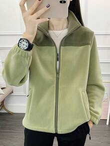 女士户外羊毛夹克，立领，修身，厚衬里，秋冬 - 綠色 - 查看 12