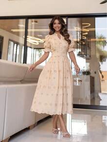 Elegant Midi Dress In 3D Embroidery, Lined, Princess Puff Sleeve, Ruffle Hem - Carne - Ver 1
