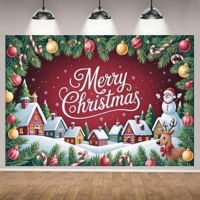 2D 平面，1 件圣诞横幅冬季村庄场景，带有“圣诞快乐”文字、雪人、驯鹿和姜饼屋派对装饰，适合室内/室外装饰，易于悬挂 - 节日家居、办公室、活动装饰 - 欢快，2D 平面，圣诞装饰品