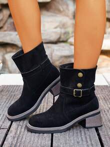 Westlicher Stil Schnallen Urlaubs Flip-Flop Cowboy Stiefel, High Heel Knie-hohe Stiefel, Plateau-Absatz Stiefel für Frauen, schwarze Plateau-Stiefel mit Schnalle und quadratischer Zehenform