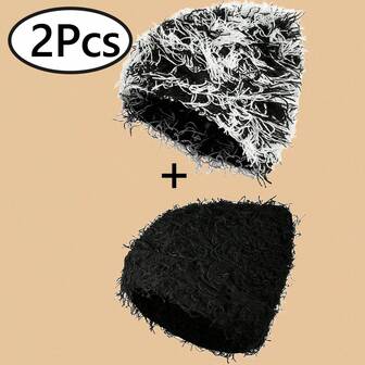 2Pcs Y2K Graphical Brimless Cap, Gothic Style Knitted Beanie, Outdoor Winter Warm Hat For Men, Solid Color Casual Cute Street Bohemian Acrylic Knit Cap, All Season Fall Outfit