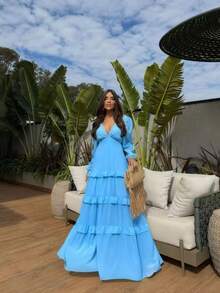 Women's Long Chiffon Dress With Long Sleeves, V-Neck, Ruffled Hem And Lining - 淺藍色 - 查看 1