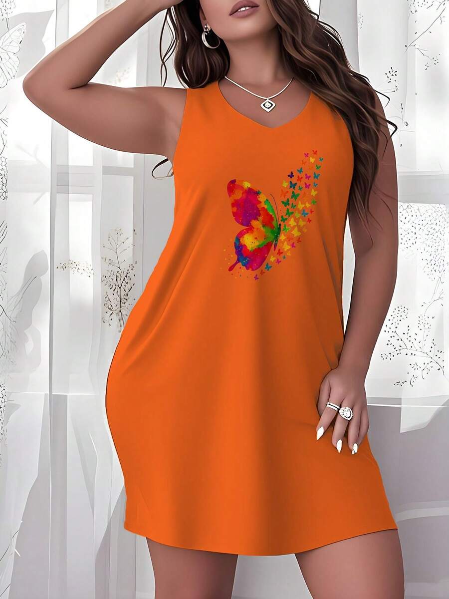 Plus Size Womens Elegant Casual Dress - Colorful Butterfly Trail Pattern Print Fashion Black/Orange/Pink/Grey Sleeveless Crew Neck Dress - Perfect For Summer Vacation & Great Gift For Ladies - 橘色 - 查看 1