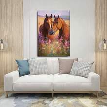 1PC Oil Painting Of Two Brown Horses In A Meadow With Wildflowers12X16inch And 16x24inch Framed , Classic Wooden Frame, Suitable For Living Room, Bedroom, Bathroom And Other Decorations, Perfect Gifts For Christmas, Halloween And Thanksgiving