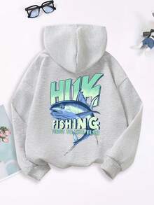 1pc Teen Boy Stylish Fishing - Element Light Gray Sweatshirt, Soft - Textured, Great For Leisure Time In Spring And Autumn - Grey - View 3