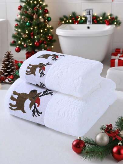 1条圣诞可爱小鹿刺绣柔软吸水不掉毛毛巾，适合情侣、浴室装饰、游泳池、酒店礼品、成人高档家居使用，速干洗发毛巾/面巾，适用于美容院、酒店运动、家居用品、毛巾、护肤