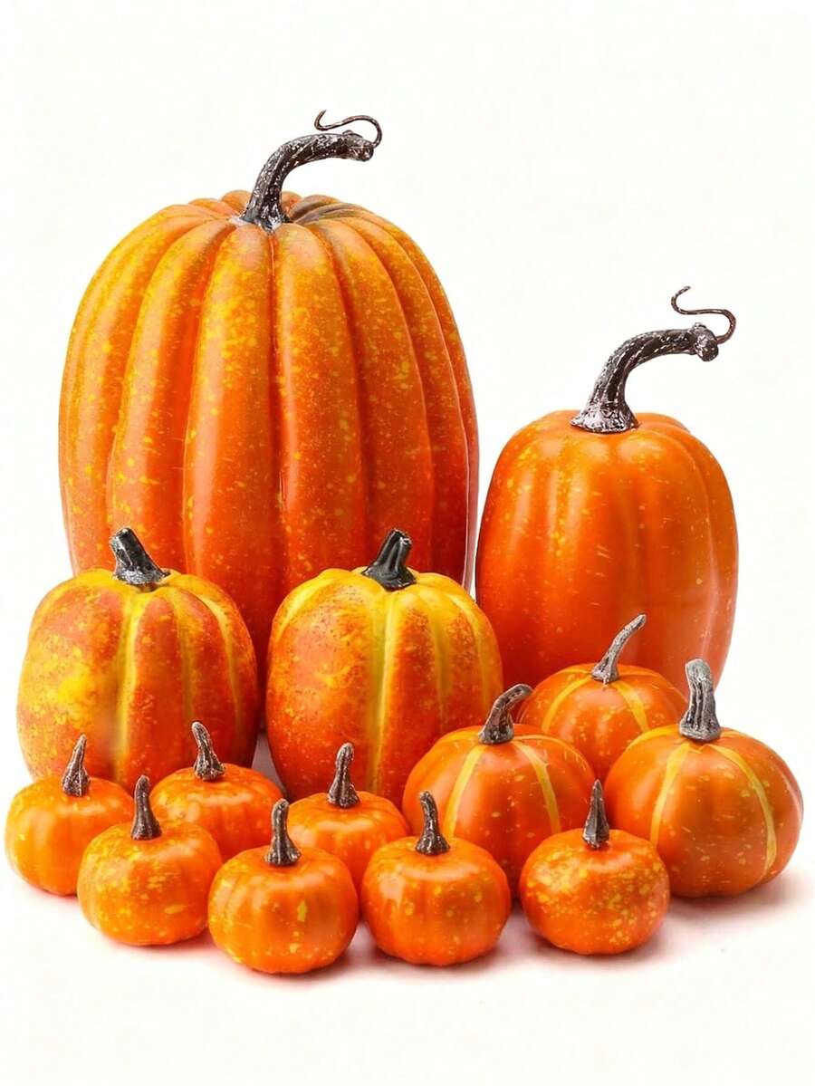 7/14pcs-Artificial Pumpkins,Orange Pumpkins Assorted Orange Plastic Pumpkin Decorations Assorted Large Faux Harvest Pumpkins For Autumn Thanksgiving DIY Craft Artificial Fake Foam Pumpkins Halloween Seasonal Holiday Decor Decoration,Wedding & Party (Orange)
