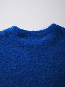 Unisex Fluffy Casual Loose Fit Crew Neck Textured Solid Color Pullover Sweater, Versatile Long Sleeve Knit Top For Autumn & Winter - Blue - View 6