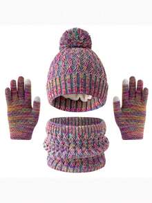 Bộ 3 món mũ ấm áp mùa thu/đông cho trẻ em, khăn quàng cổ và găng tay, mũ len thun hai tua rua dễ thương, bộ 3 món chống lạnh, màu cầu vồng - Nhiều màu - Xem 34