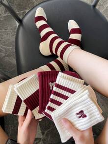 5双女士条纹蝴蝶结图案舒适透气中筒袜，学院风 - 彩色 - 查看 7