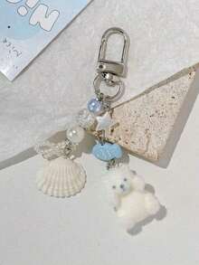 1pc Unisex Cartoon Flocked Small White Bear Keychain, Cute Shell Small Accessory, Student Personalized Phone Case Bag Pendant Bag Accessories Lanyards With Id Holder Car Accessories Bag Charms - trắng - Xem 2