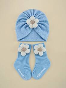 0-6个月婴儿四季花朵弹性头带帽子和袜子套装，新生儿无檐便帽礼盒，婴幼儿头饰配饰套装