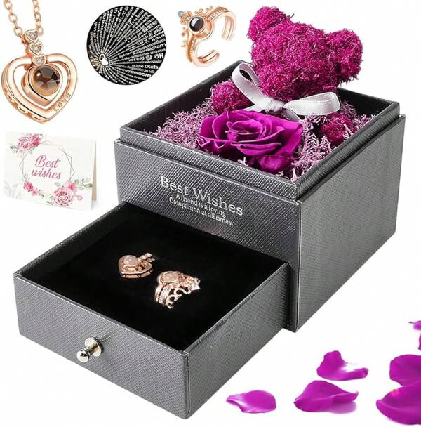 Flor Rosa Eterna, Anillo Collar Rosa Preservada Con I Love You En Idiomas, Regalo Para Mujer, Oso Rosas Flores Conservada, Regalo Para San ValentíN, Regalos De Navidad, Tarjeta De FelicitacióN