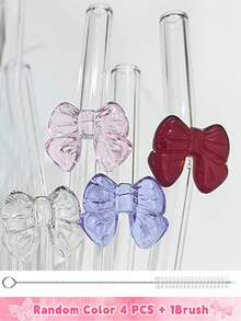 6 件可重复使用玻璃吸管，带粉色蝴蝶结，防碎，可爱弯曲饮用吸管，带清洁刷，适用于冷热饮料、茶吧饮具、新娘送礼会和热带派对的杯子配件、适用于童话花园和婚礼装饰的异想天开的饮用套装 - 彩色 - 查看 8