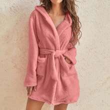 1 pieza - Bata de estilo europeo y americano para uso estacional, bata de novia y dama de honor, bata de hotel SPA, traje de sauna, bata de baño cálida para piscina al aire libre, bata larga con capucha y bolsillos de felpa suave y cálida para mujer, ropa de dormir de SPA - Multicolor - Ver 5