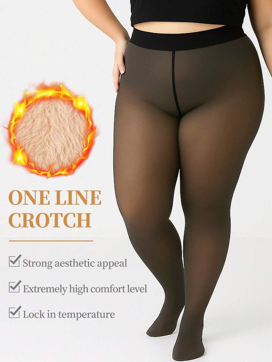 1 PC Plus Size Warm Fleece-Lined Thick Fake Sheer Base Layer Leggings (Tights) - Autumn & Winter Thermal Tight Pants, Stretchy Non-Tight, Fits Body Curves, Warm & Stylish For Outfits - 奶昔 - 查看 1