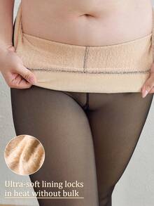 1 PC Plus Size High-Waist Warm Fleece Lined Tight Leggings (Fake Translucent Sheer Thermal Pantyhose) - Tummy-Control & Butt-Lifting, Autumn & Winter Warm Pants, Stretchy Fabric & Body-Hugging, Stylish & Versatile - Sữa lắc - Xem 2