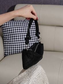 水钻装饰手提包，优雅的手拿包，适合参加舞会、派对和活动，可容纳手机、口红和其他必需品 - 黑色 - 查看 5