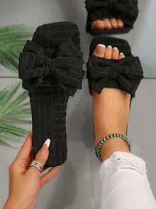 New Plus Size Women Comfy Simple Square Toe Cute Bow Knit Fluffy Slip-On Flat Sandals, Casual Fashion Outdoor Beach Slippers For Summer
