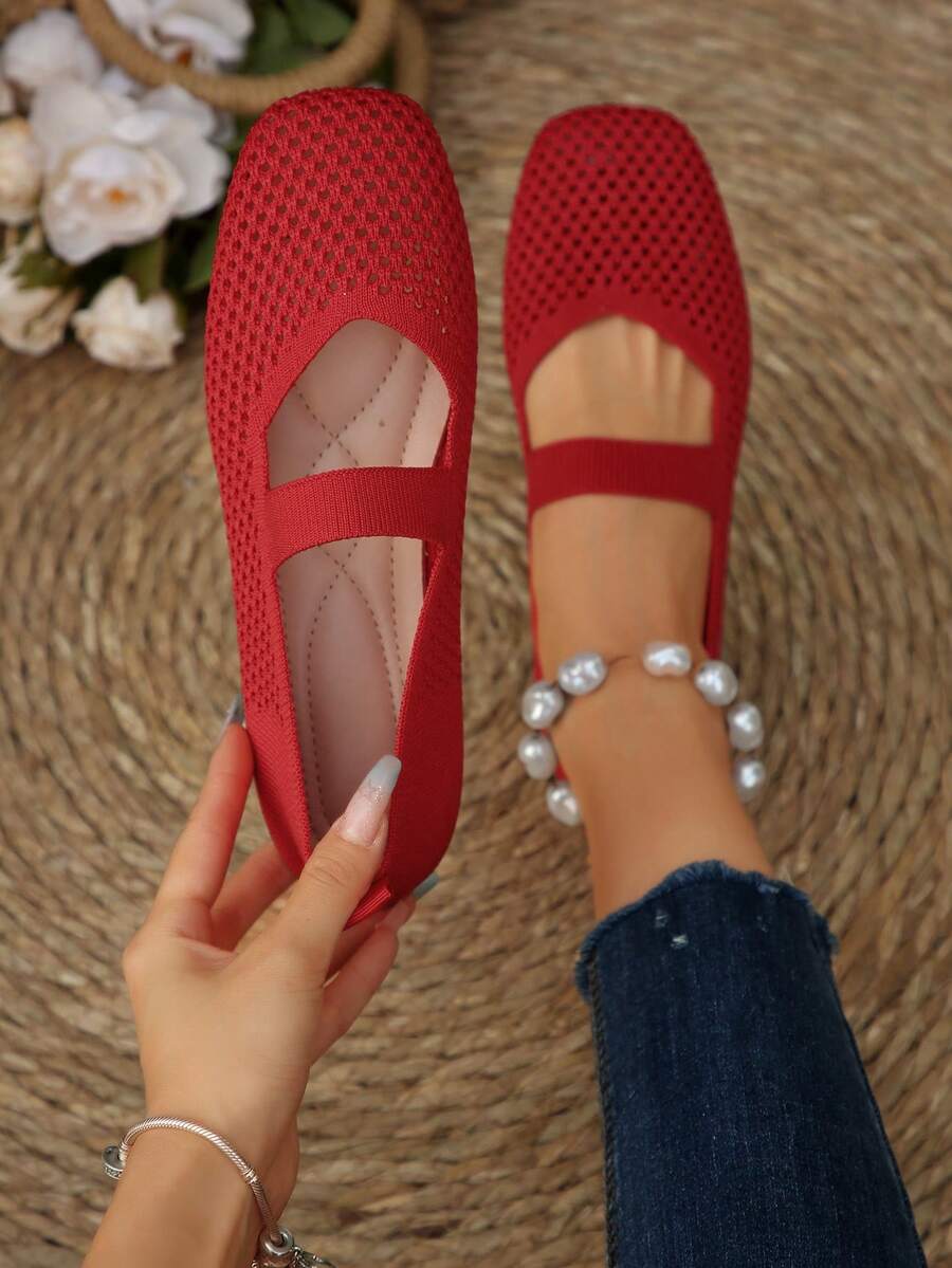 Women's Woven Mary Jane Flat Shoes, Square Toe Mesh Breathable Shoes, Comfortable Elegant Flat Knitted Casual Shoes - Red - View 1