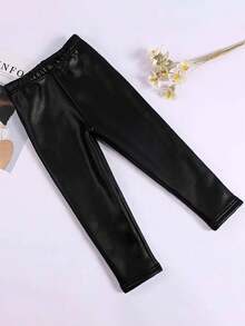 1pc Girls' Autumn/Winter Thick PU Leather Leggings, Glossy Smooth Easy To Clean, Girls' Fashion Versatile Skinny Tights - Black - View 9