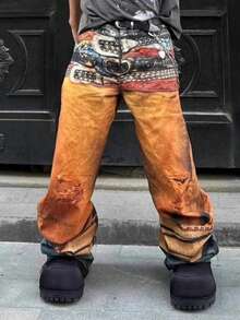 American Retro Washed 3D Printed Color Waistband Jeans For Men, Niche And Versatile, Loose And Wide Leg Straight Leg Pants