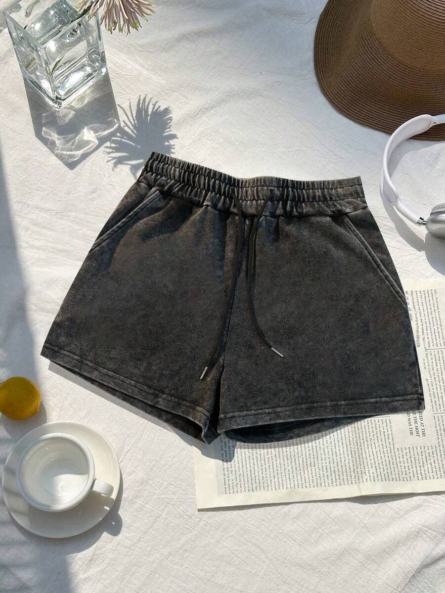 Women's Casual Drawstring Waist Floral Print Pocket Shorts, Summer Black - Black - View 1