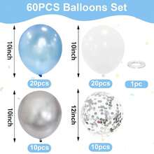 60 个蓝白色气球，10 英寸哑光蓝白银金属乳胶气球，带 1 条丝带和五彩纸屑气球，适合男孩、男士生日、婴儿洗礼、婚礼、订婚派对装饰 - 彩色 - 查看 2