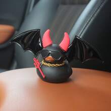 1pc Gothic Rubber Duck With Demon Wings & Golden Necklace - Bat Wing Design, Red Beak And Horns, Durable PVC Material, Black & Red Car Dashboard Decor, Steering Wheel Accessory, Unique Halloween Party Decoration, Car Interior Accessory, Demon Rubber Duck With Expressive Eyes And Sharp Teeth, Suitable For Dashboard Or Party Decoration, Ideal For Car Enthusiasts And Halloween Gifts - Black - View 3