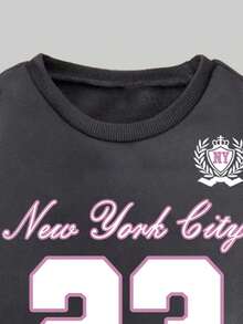 青少年女孩数字印花保暖圆领运动衫和裤子套装 - 黑色 - 查看 3