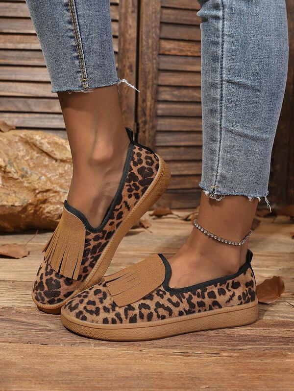 Mocasines con flecos y estampado de leopardo, zapatos planos de barco de punta redonda con suela blanda para mujer