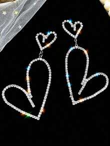 "1 Pair Silver & Gold Heart Shaped Earrings For Women – Fashionable Vintage Rhinestone Dangle Stud Jewelry, Elegant & Luxurious Charm Accessory, Perfect For Daily Wear, Parties, Valentine's Day, Anniversary, Mother's Day & Gift For Mom, Wife Or Friends" - 銀色 - 查看 3