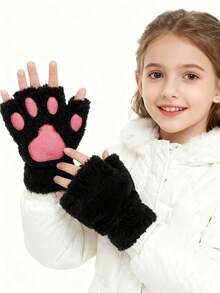 8-16Y Cat Claw Gloves Plush Half Finger Bear Paw Fingerless Gloves Cute Girl Thick Fleece Halter Neck Gloves Cartoon Warm Hands - Multicolor - View 2