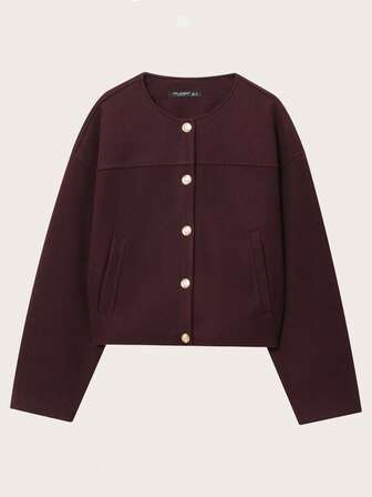 Plain Color Round Neck Short Jacket With Metal Buttons, Spring/Autumn