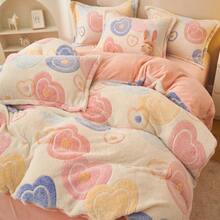1pc Snowflake Fleece Floral & Heart Pattern Pink Duvet Cover, Warm Plush Comforter Cover For Bedroom, Suitable For Spring, Autumn & Winter - Multicolor - View 6