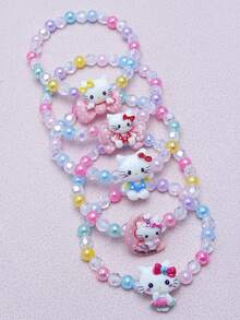 3pcs/Set Hello Kitty Beaded Bracelets, Assorted Color Bead Jewelry Accessories, Suitable For Best Friends And Sisters