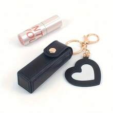 Solid Color Long Lipstick Makeup Bag + Heart-Shaped Small Mirror Pendant] Lipstick Storage Tool, Mini Lip Balm Organizer For On-The-Go Touch-Ups, Travel-Friendly Gift For, Faux Leather Coin Purse, Keychain Storage Bag - 紅色 - 查看 8