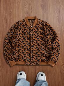男士棕色和黑色豹纹罗纹袖口和下摆双口袋纽扣设计夹克，毛绒面料厚实保暖柔软舒适休闲装，秋冬新款长袖羊毛外套 - 銅色 - 查看 2