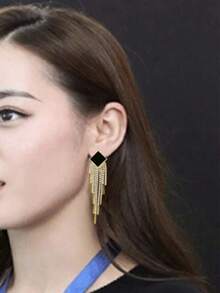 1 Pair Rhinestone Long Tassel Earrings For Women – Elegant Lightweight Dangle Statement Earrings, Sparkly Chic Accessories For Party, Evening, Or Formal Wear, Eye-Catching Jewelry For Weddings, Proms, Or Special Occasions - Vàng - Xem 2