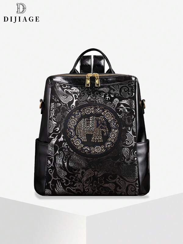 Ein stilvoller Damen-Rucksack mit Elefantenmuster und goldfarbenen Reißverschlüssen. Dieser geräumige Rucksack verfügt über mehrere Taschen und ein hochwertiges, luxuriöses Design. Perfekt für Partys, Abendessen, Outdoor-Aktivitäten und den Arbeitsweg.