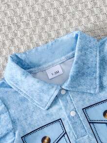 3件套女婴翻领仿口袋上衣、卡通动物印花裤子+头带 - 藍白色 - 查看 4