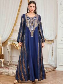 Elegant Women's Long Kaftan Robe, Gold Embroidery, Long Sleeve, Flowing Woven Fabric, Round Neck Jalabiya Dress, Suitable For Festival, Celebrations Spring - Navy Blue - View 6