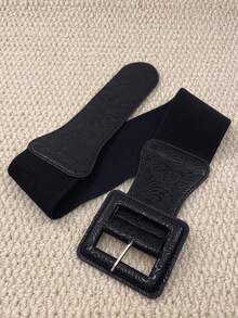 Women's Square Buckle Belted Dress, Fashionable PU Waistband, Suitable For Daily Wear - Embossed Black - View 21