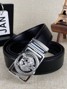 1 pièce Boucle de ceinture automatique avec tête de loup en argent décorée de strass noirs, convient pour les fêtes, l'été, l'automne, Halloween, l'automne/hiver, adapté aux adolescents, aux jeunes hommes, pour un usage casual, extérieur, sportif, en vacances, comme cadeau de remise de diplôme, d'anniversaire, pour un port quotidien